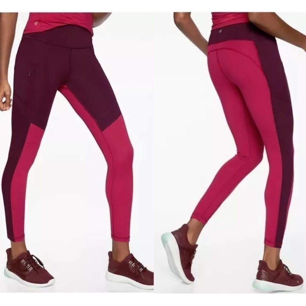 Athleta All In Structure 7/8 Leggings Ankle Fit Burgundy Pink Colorblock Size S
